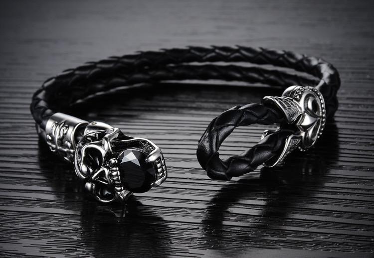 Genuine Leather Stainless Steel Skull Bracelet