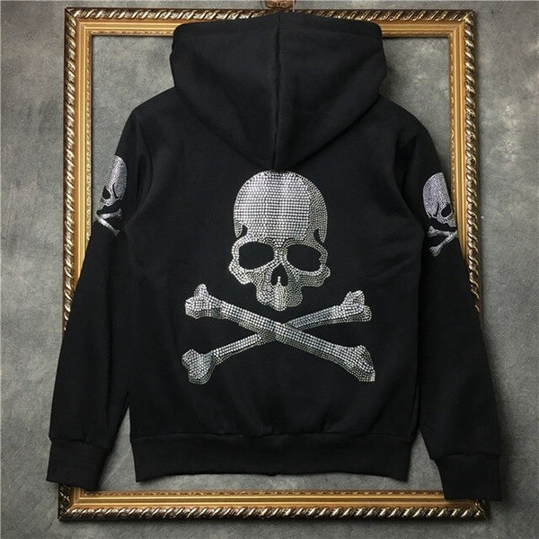 New Fashion Rhinestone Skull Hoodie Luxury Men Black Sweatshirt All Sizes